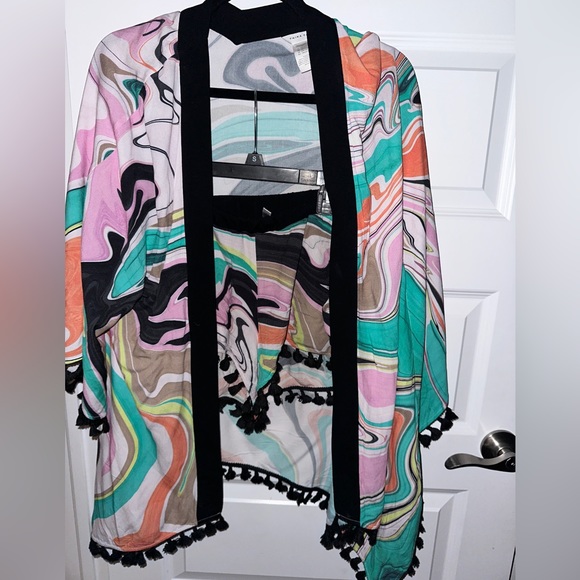 Trina Turk Swimsuit Cover Up Kimono Multi Color Beach Shorts Tassel Pool Vaca Sm - Picture 2 of 7